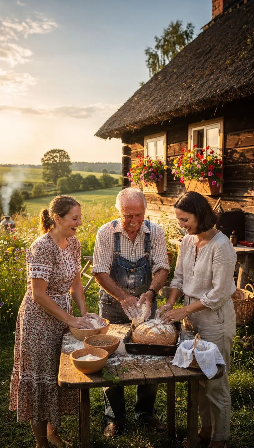 Reisijad koos kohaliku talupidajaga talutööde tegemisel, rõhutades autentset kogemust ja õppimist
